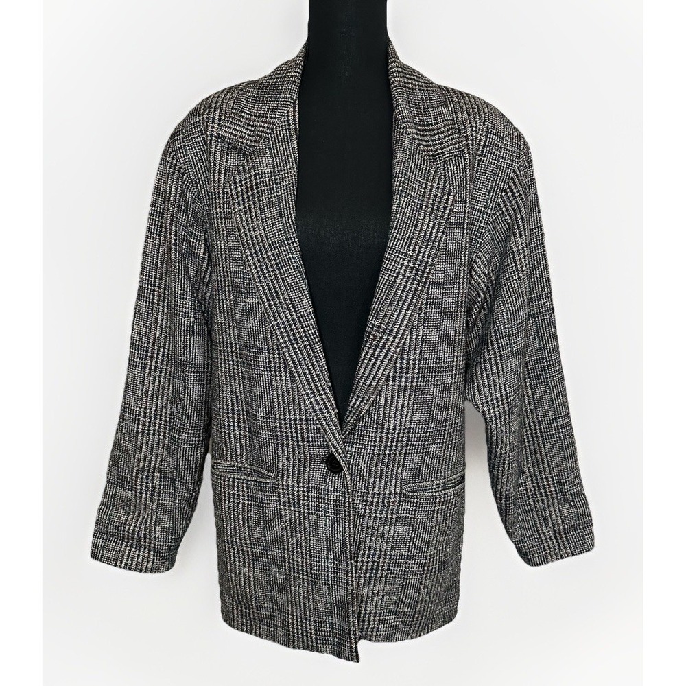 VTG Adolfo International Women 100% Silk Oversized Glen Plaid Gray Blazer‎ SMALL